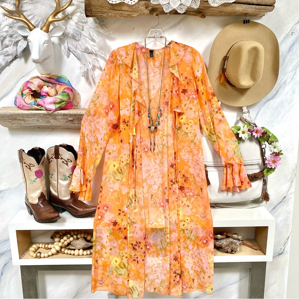 Anthropologie WILD Fable Dreamy mandarine boho hippy duster w ruffles detailing